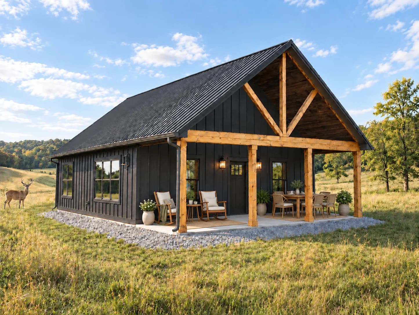 Buckhorn with a virtually staged porch: cushioned rocking chairs, a dining table, and planters