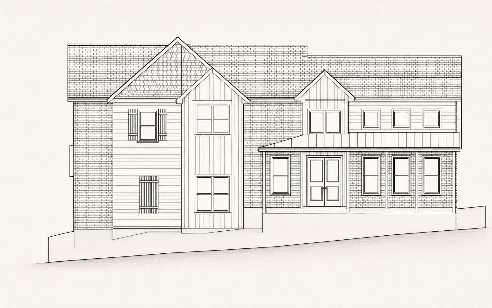Residential elevation study showing rooflines and exterior details