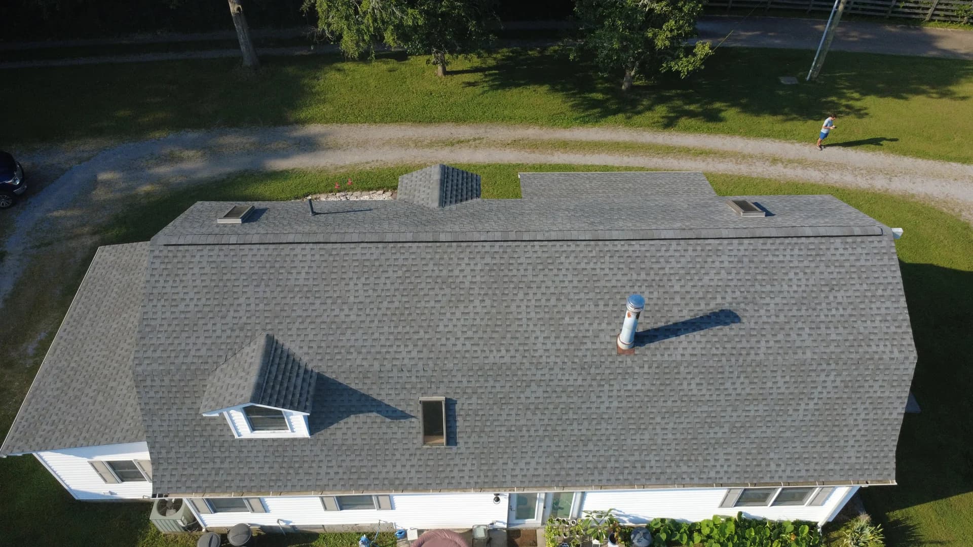 Residential roof replacement viewed from above